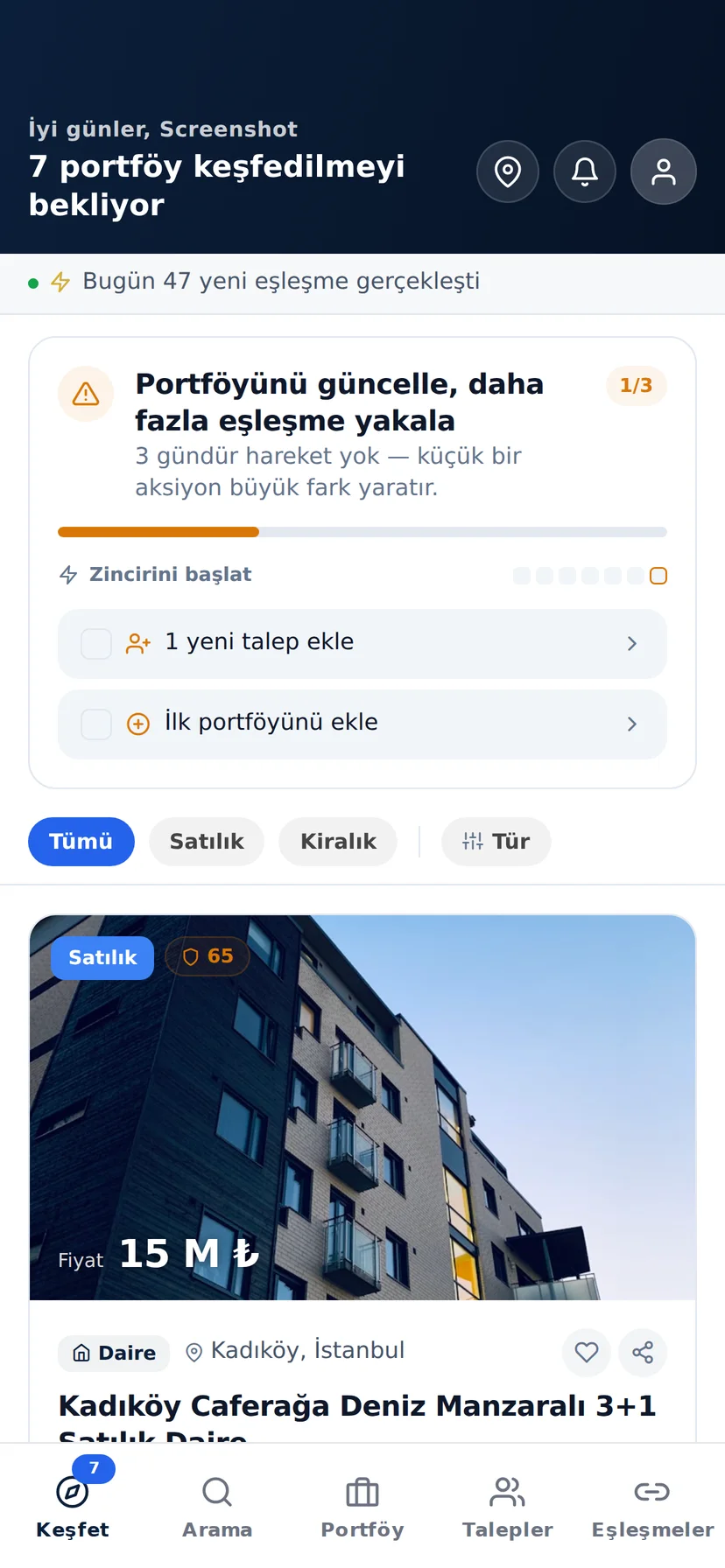 Emlakçı Arkadaş Keşfet ekranında portföy kartları ve eşleşme özeti